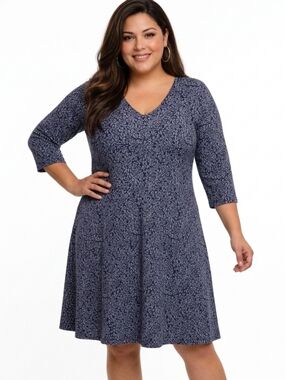 Leota Blue & White Patterned 3/4 Sleeve V-neck A-line Dress Size 3X